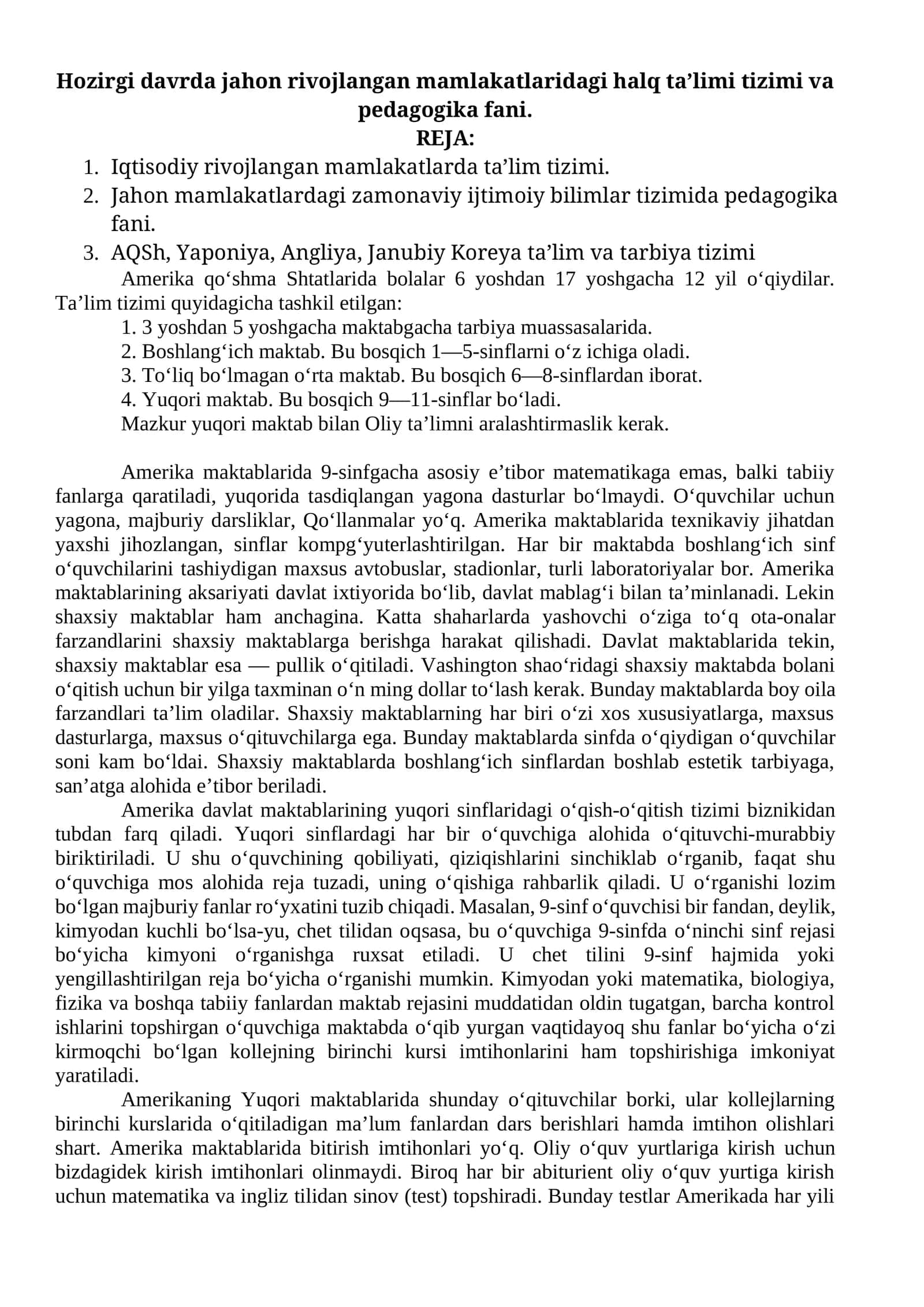 Hozirgi davrda jahon rivojlangan mamlakatlaridagi xalq ta’limi tizimi va pedagogika fani
