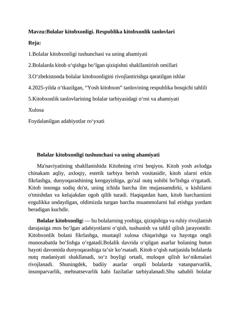 Bolalar kitobxonligi. Respublika kitobxonlik tanlovlari