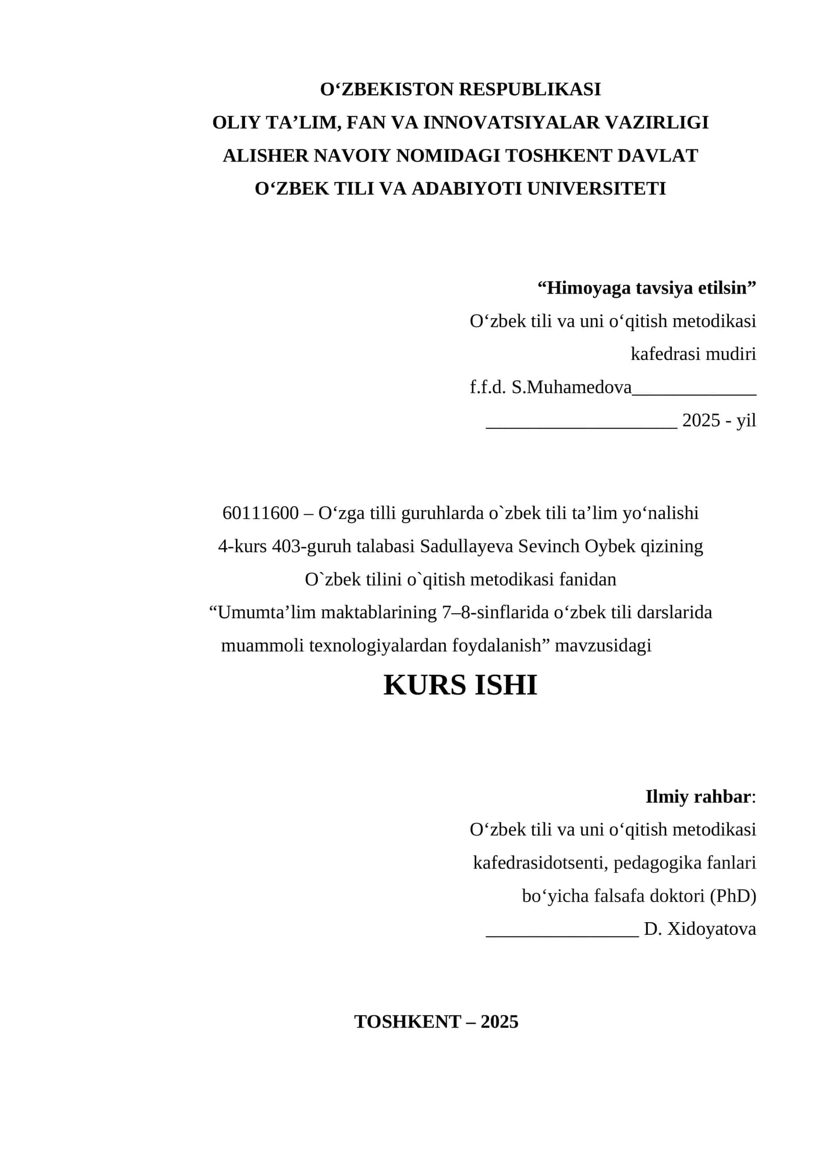 O`zbek tilini o`qitish metodikasi fanidan