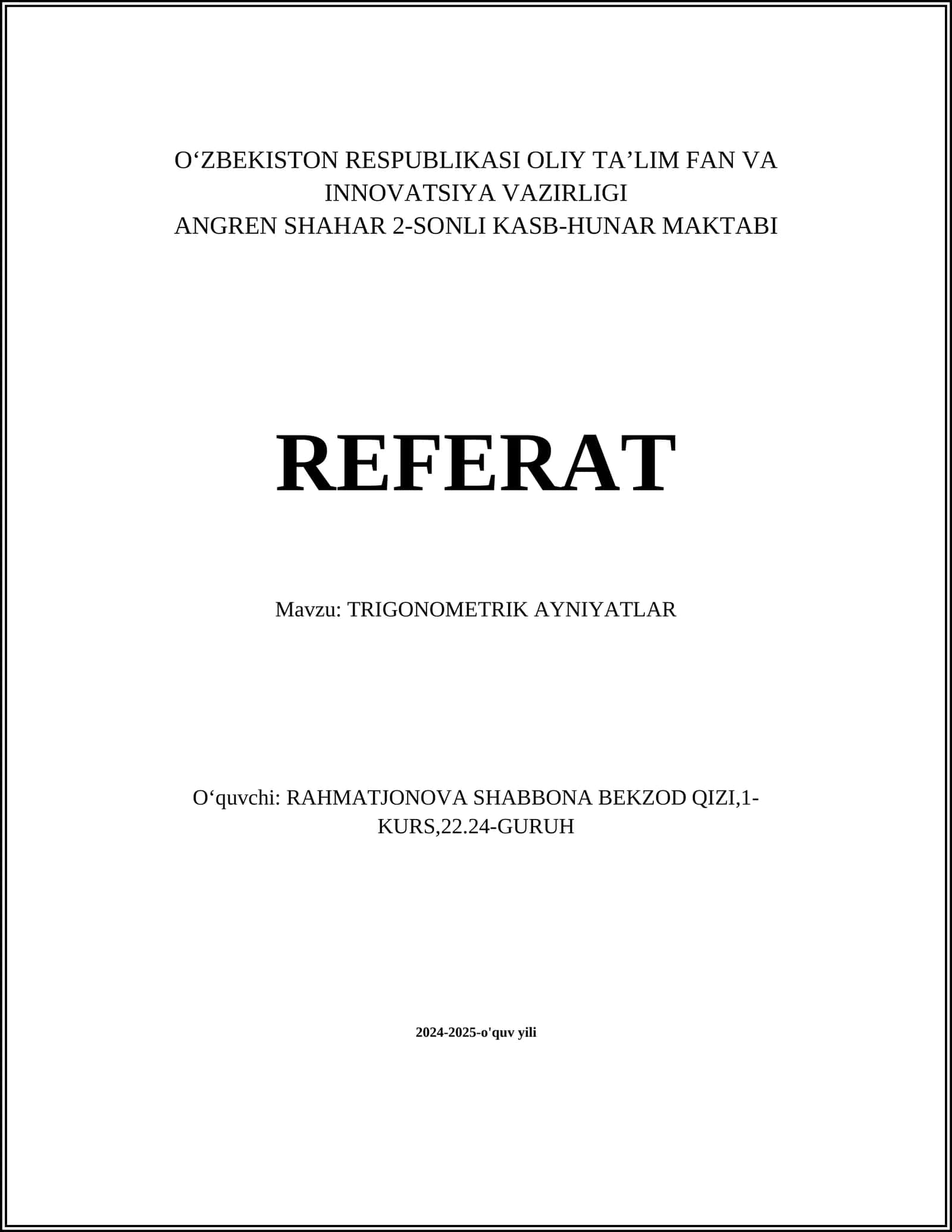 TRIGONOMETRIK AYNIYATLAR