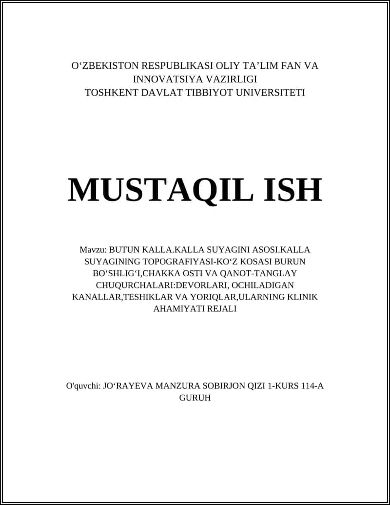 BUTUN KALLA.KALLA SUYAGINI ASOSI.KALLA SUYAGINING TOPOGRAFIYASI-KOʻZ KOSASI BURUN BOʻSHLIGʻI