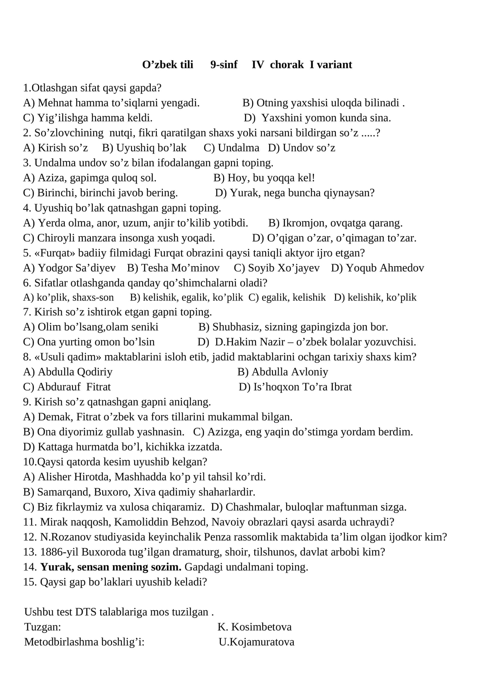 O’zbek tili 9-sinf IV chorak I variant