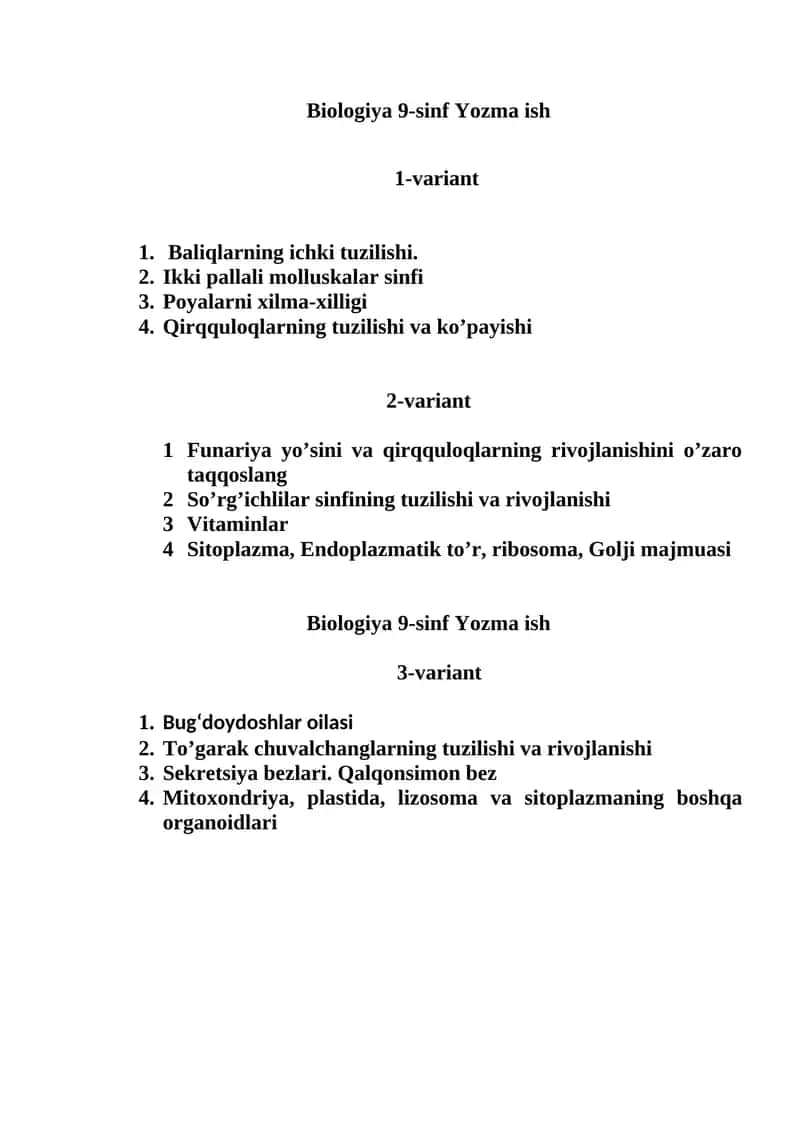 Biologiya 9-sinf Yozma ish