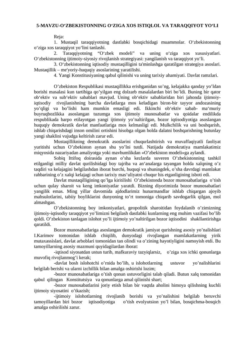 O'zbekistonning O'ziga Xos Istiqlol va Taraqqiyot Yoli
