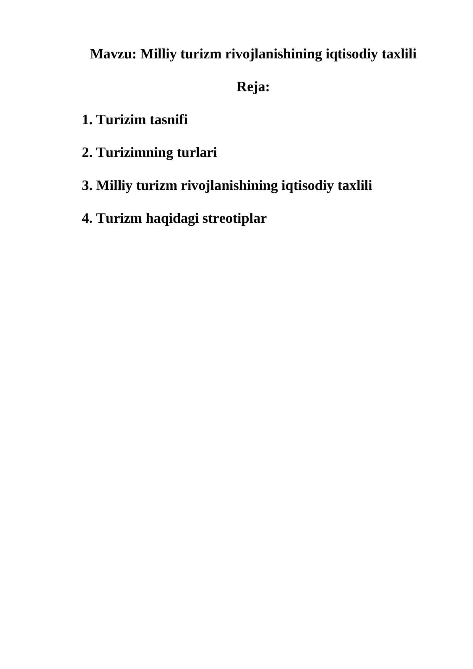Milliy turizm rivojlanishining iqtisodiy taxlili