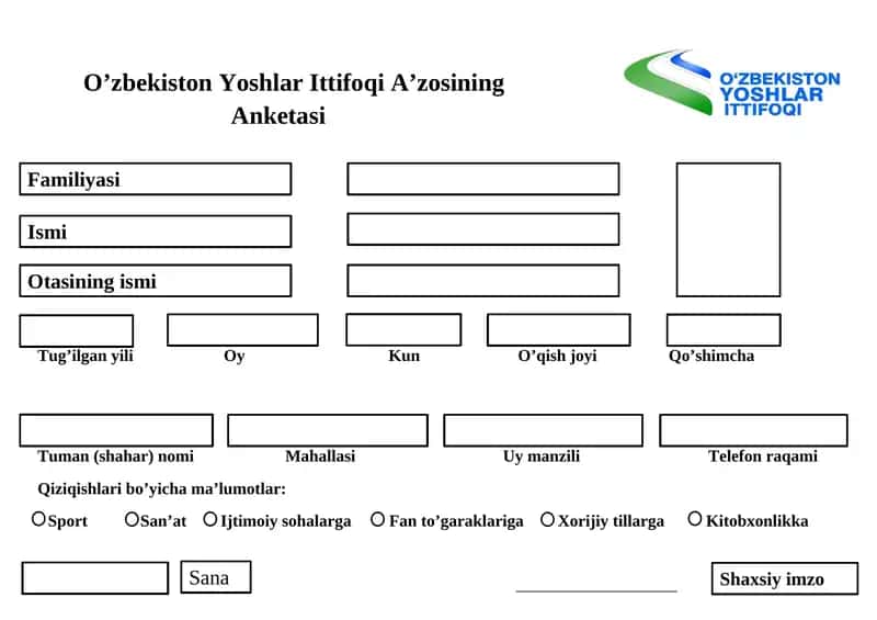 O’zbekiston Yoshlar Ittifoqi A’zosining Anketasi