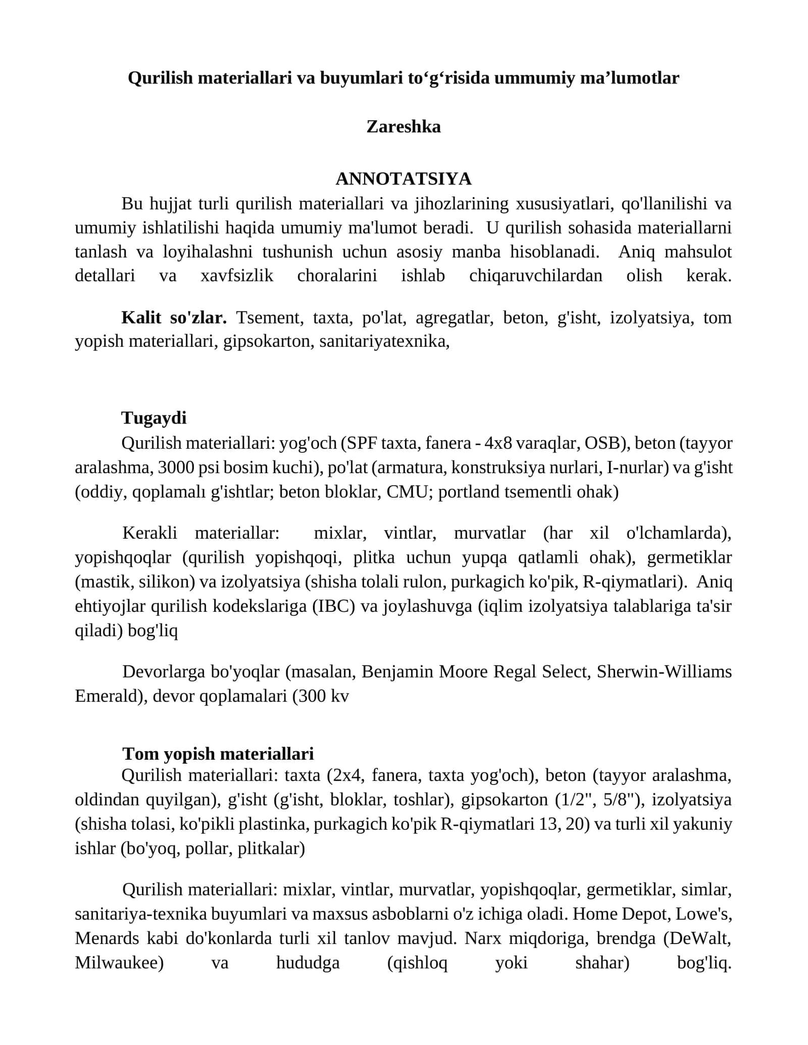 Qurilish materiallari va buyumlari toʻgʻrisida ummumiy maʼlumotlar