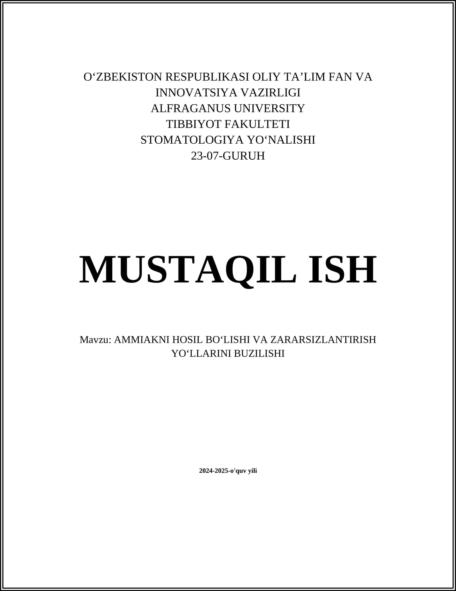 AMMIAKNI HOSIL BOʻLISHI VA ZARARSIZLANTIRISH YOʻLLARINI BUZILISHI