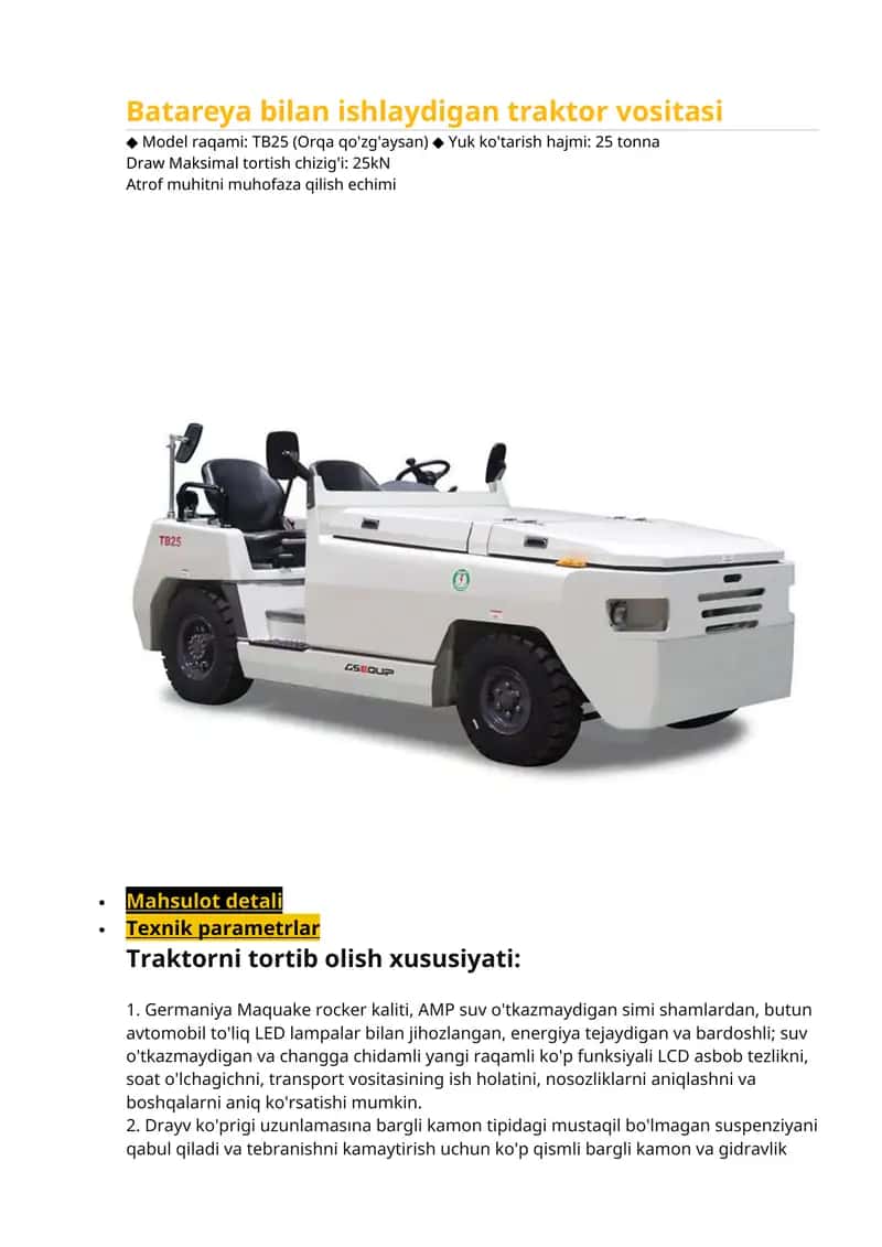 Batareya bilan ishlaydigan traktor vositasi