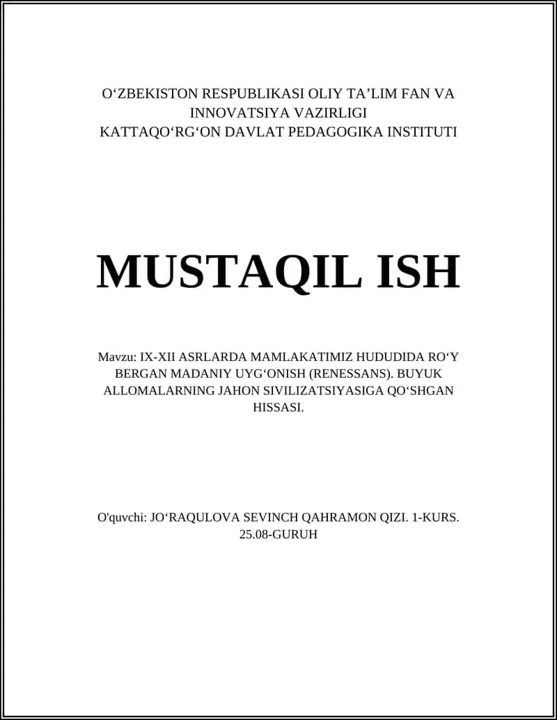 IX-XII ASRLARDA MAMLAKATIMIZ HUDUDIDA RO‘Y BERGAN MADANIY UYG‘ONISH (RENESSANS)