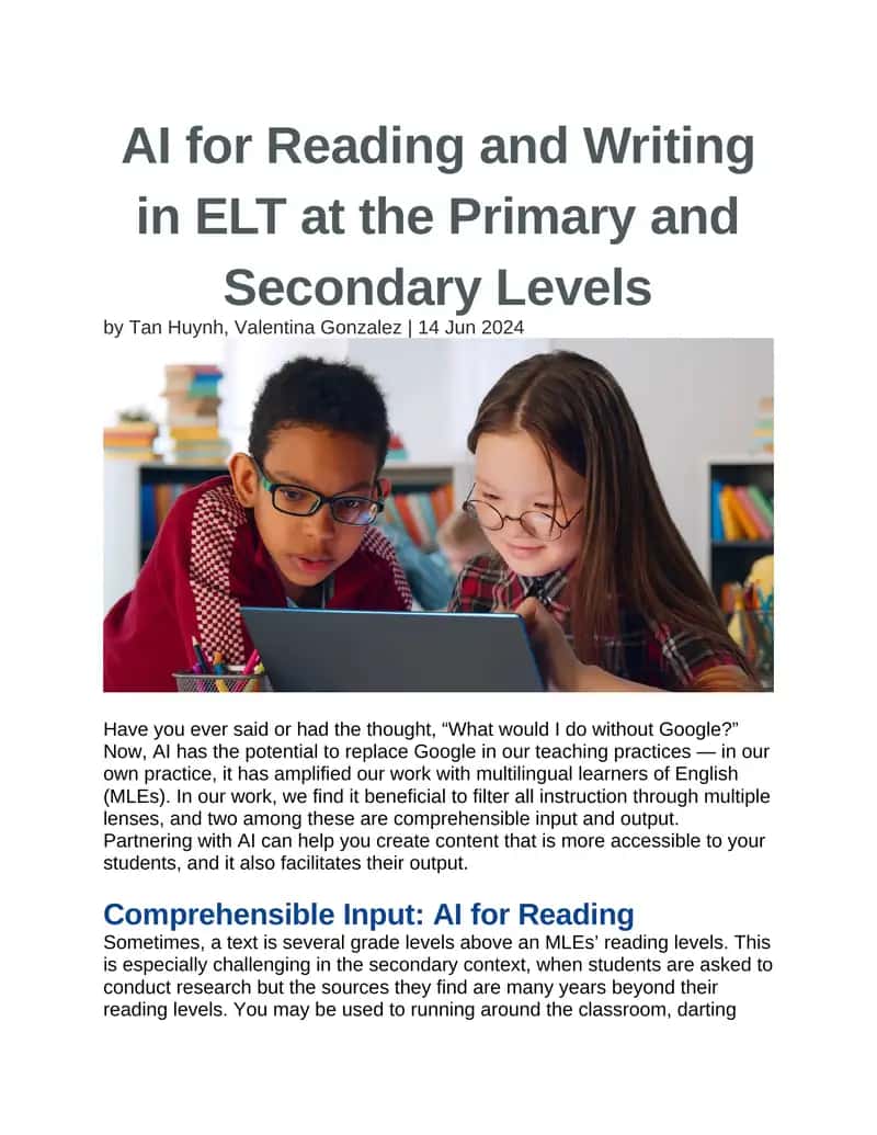 AI for Reading and Writing in ELT at the Primary and Secondary Levels
