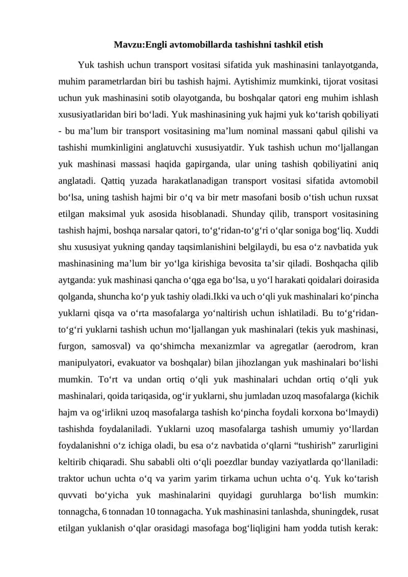 Engli avtomobillarda tashishni tashkil etish