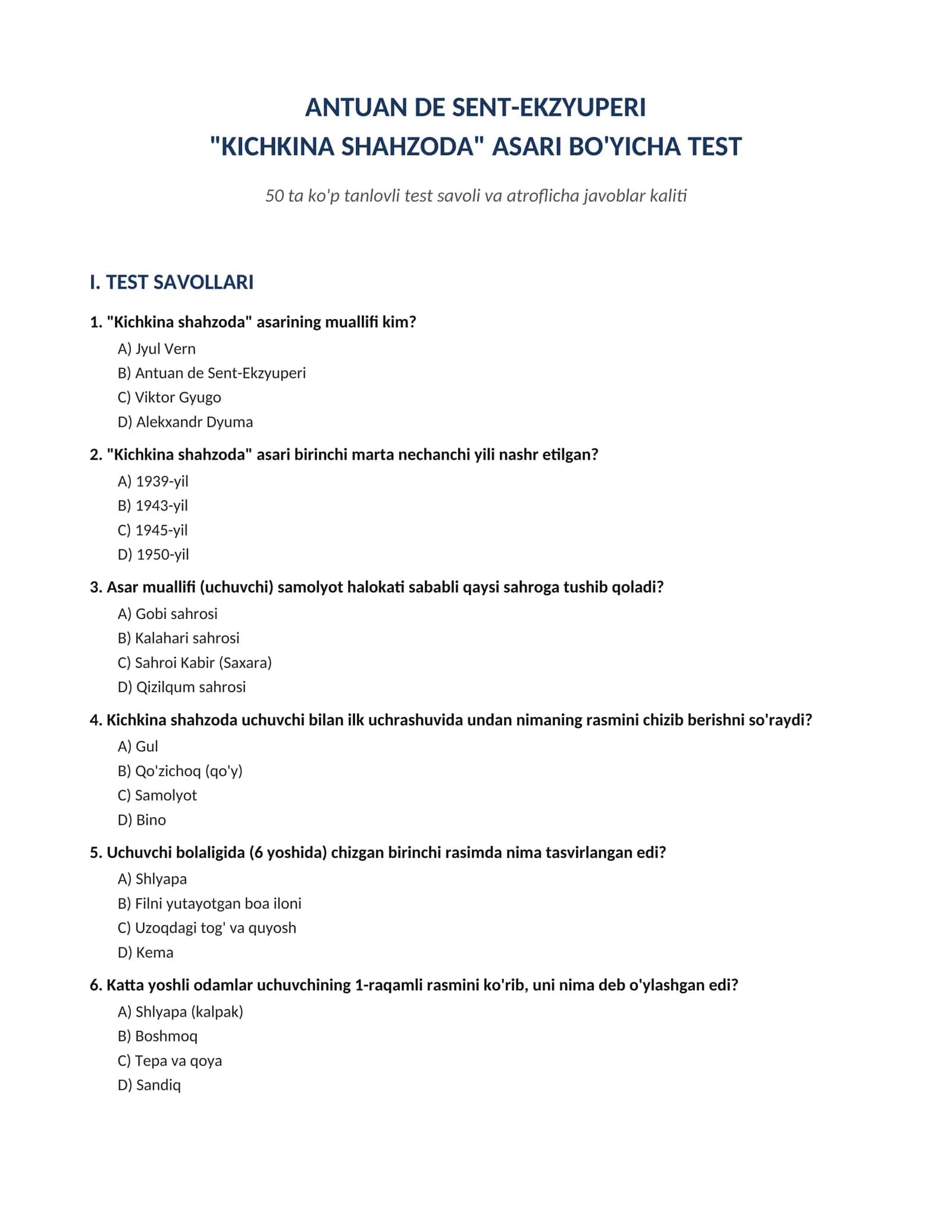 Kichkina shahzoda asari bo'yicha 50 ta savollik test javoblari bilan