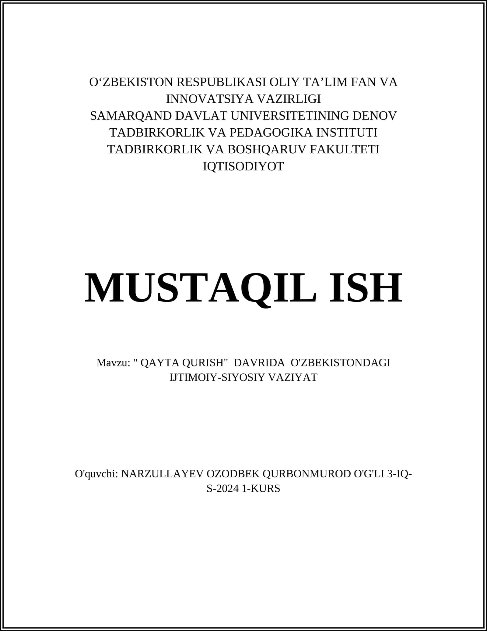 "QAYTA QURISH" DAVRIDA O'ZBEKISTONDAGI IJTIMOIY-SIYOSIY VAZIYAT