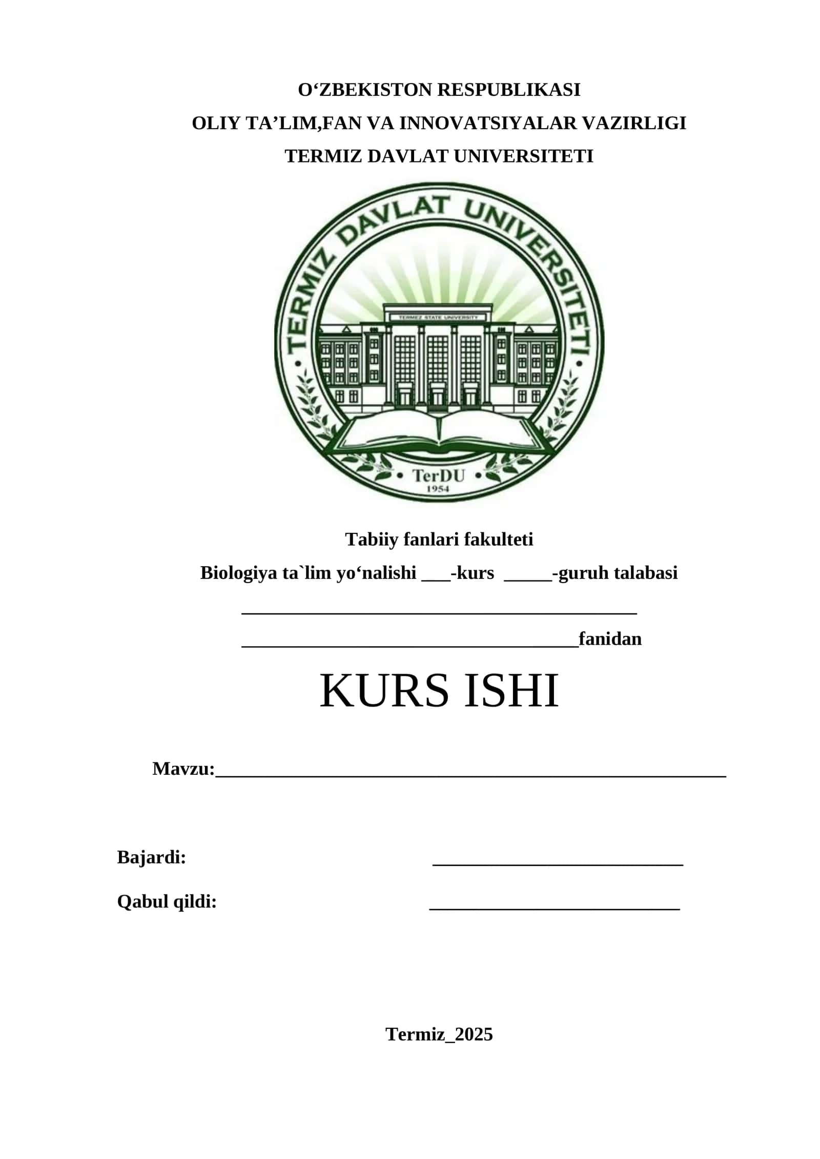 KURS ISHI (Biologiya ta'lim yo‘nalishi)