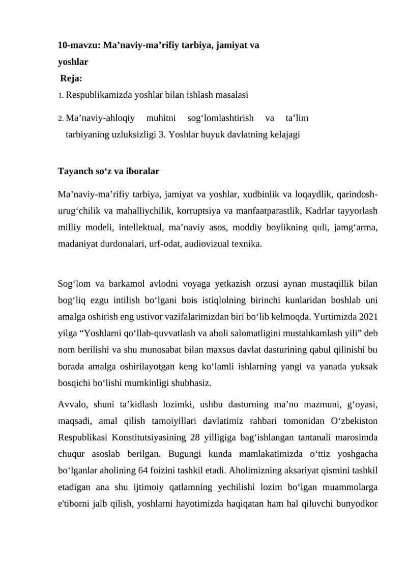 Ma’naviy-ma’rifiy tarbiya, jamiyat va yoshlar