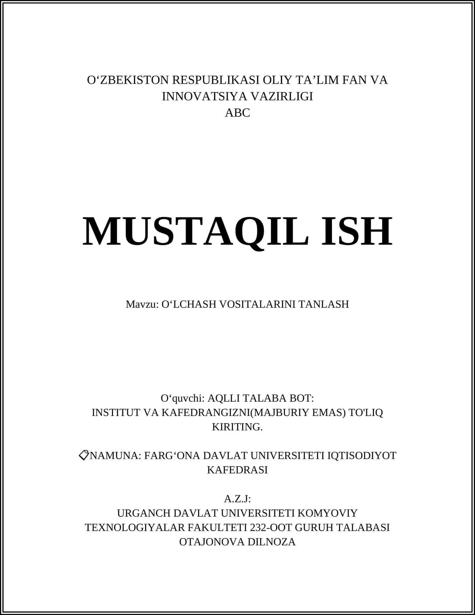 OʻLCHASH VOSITALARINI TANLASH