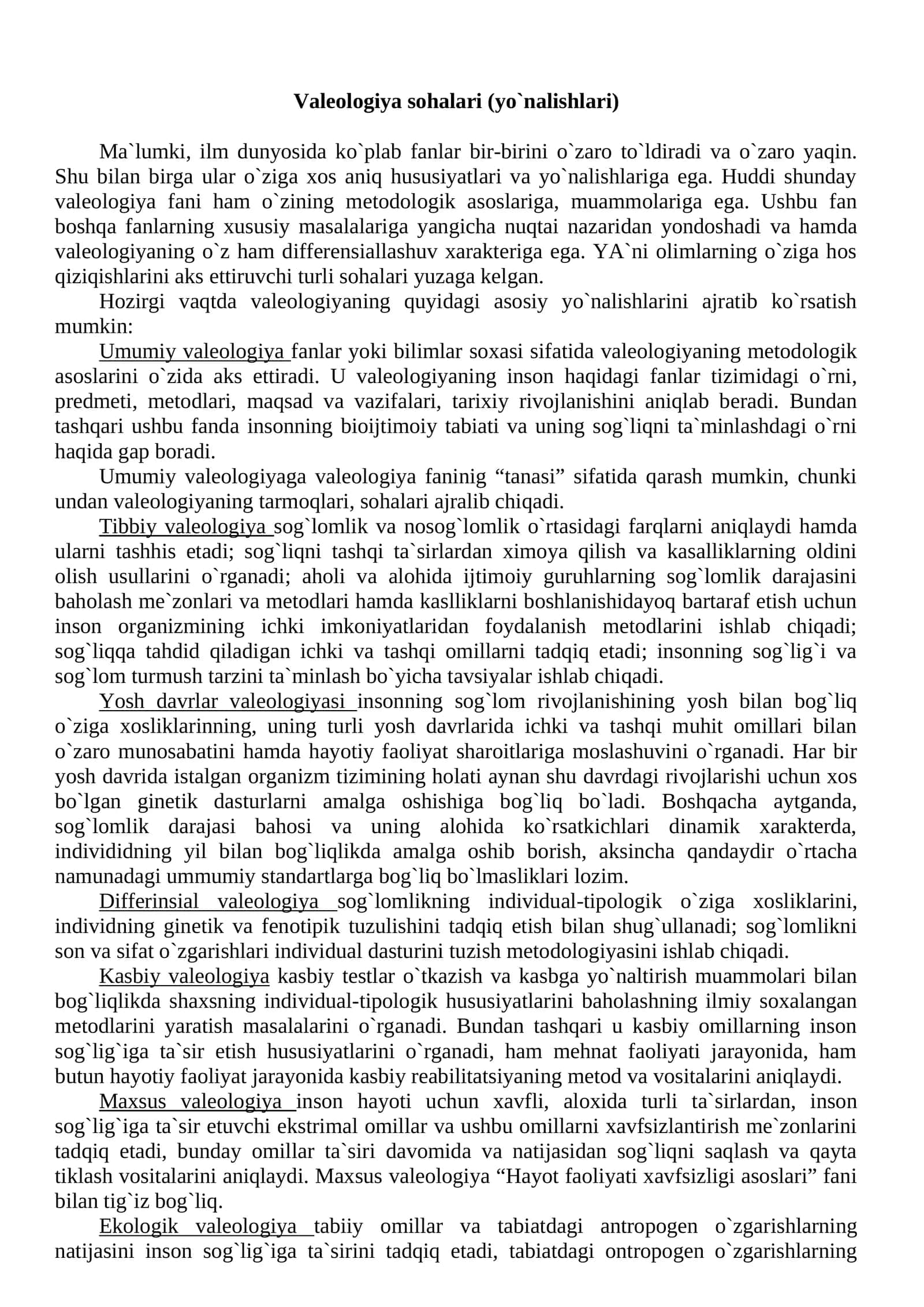 Valeologiya sohalari (yo`nalishlari)