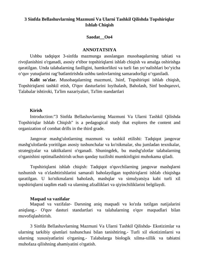 3 Sinfda Bellashuvlarning Mazmuni Va Ularni Tashkil Qilishda Topshiriqlar Ishlab Chiqish