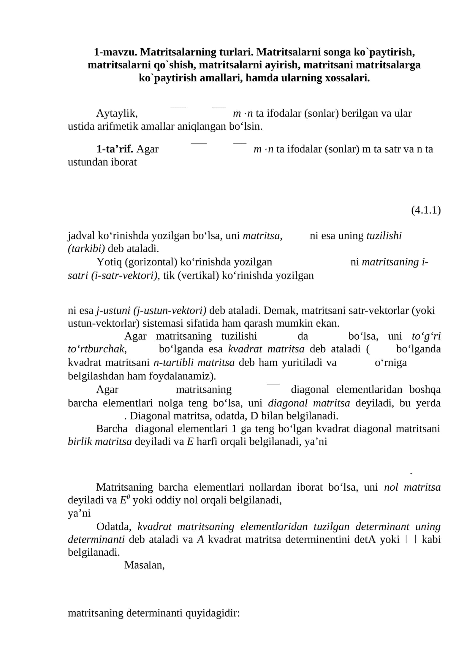 Matritsalarning turlari