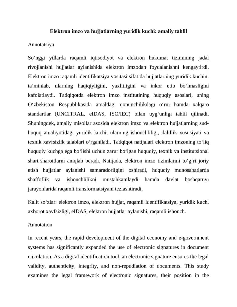 Elektron imzo va hujjatlarning yuridik kuchi: amaliy tahlil
