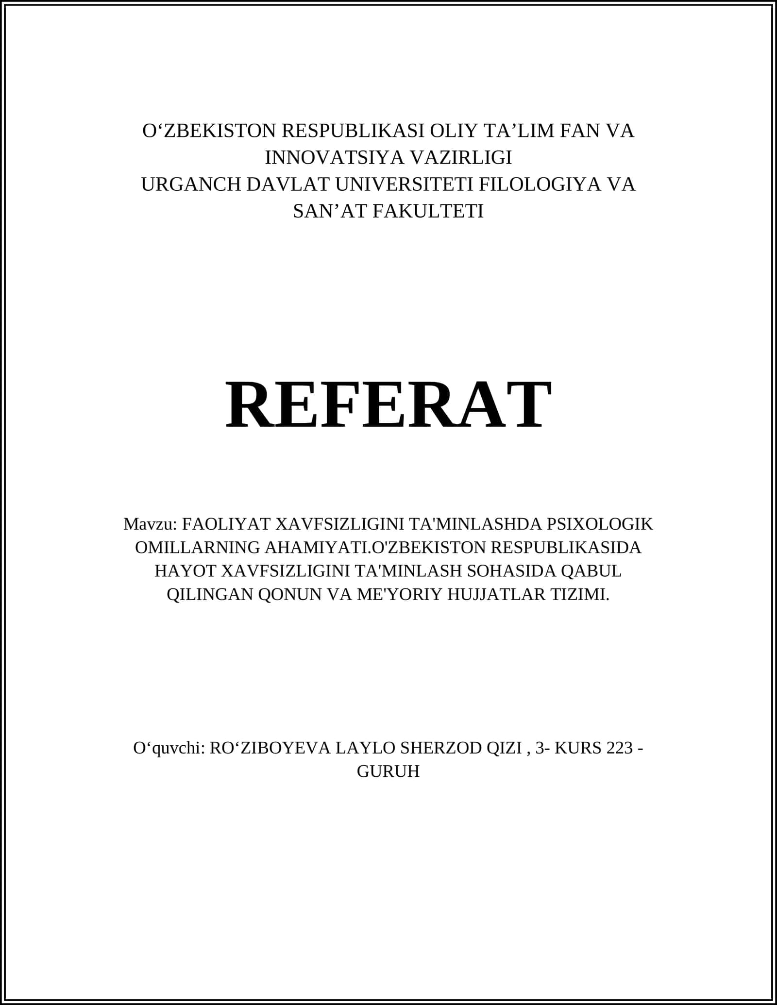 FAOLIYAT XAVFSIZLIGINI TA'MINLASHDA PSIXOLOGIK OMILLARNING AHAMIYATI