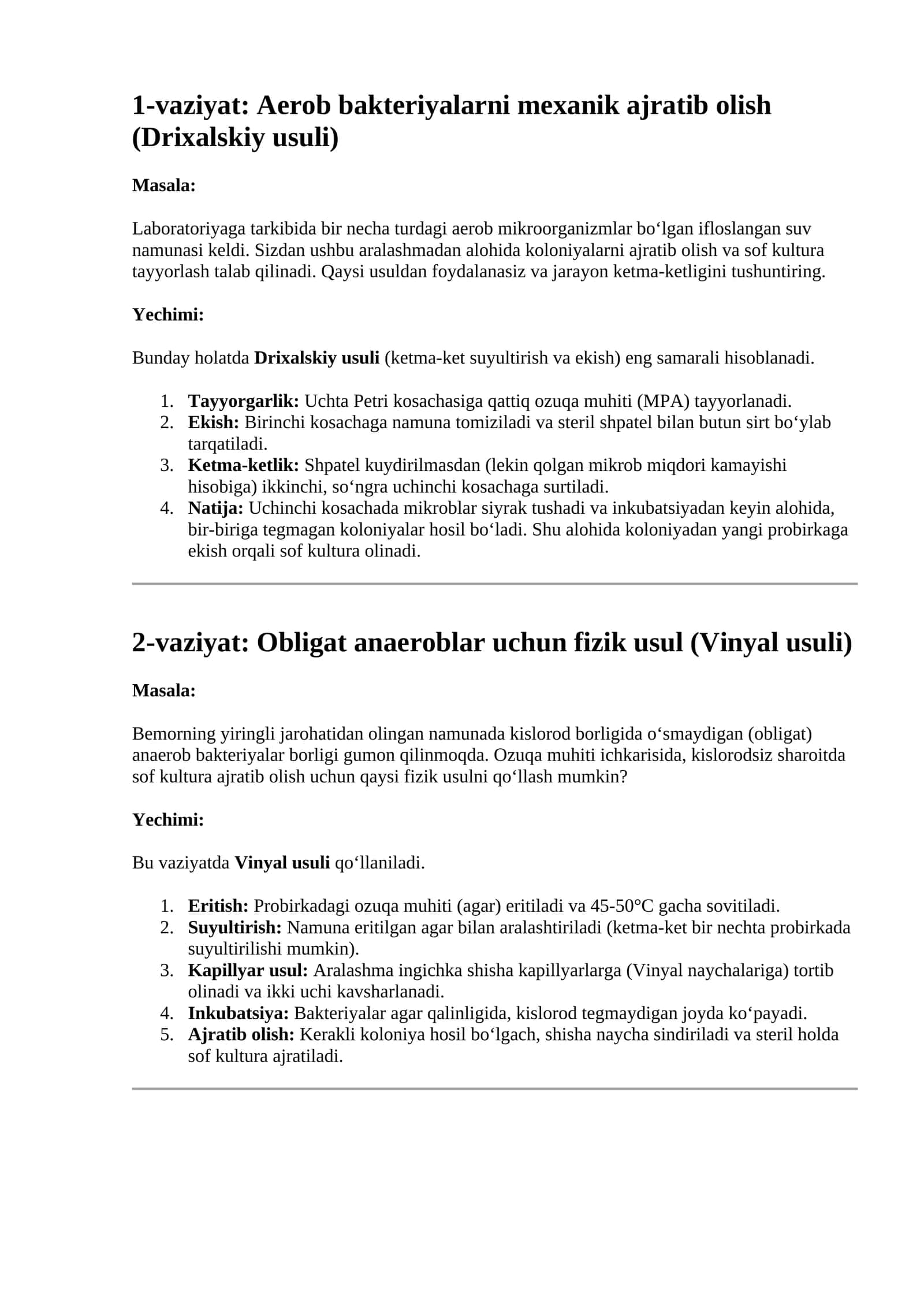 mikrobiologiya fanidan vaziyatli masallar