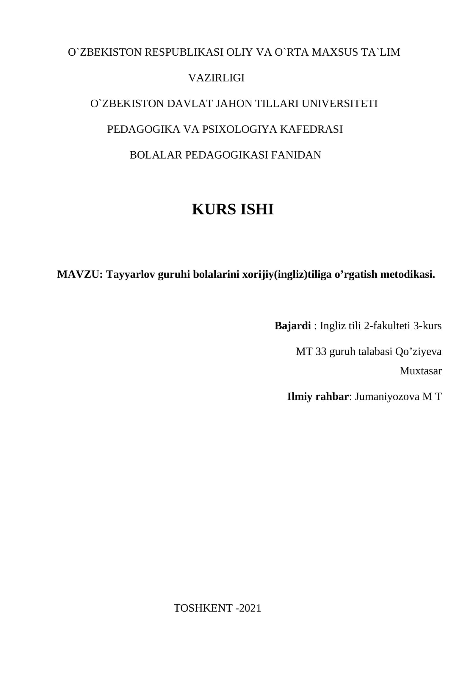 Tayyarlov guruhi bolalarini xorijiy(ingliz)tiliga o’rgatish metodikasi