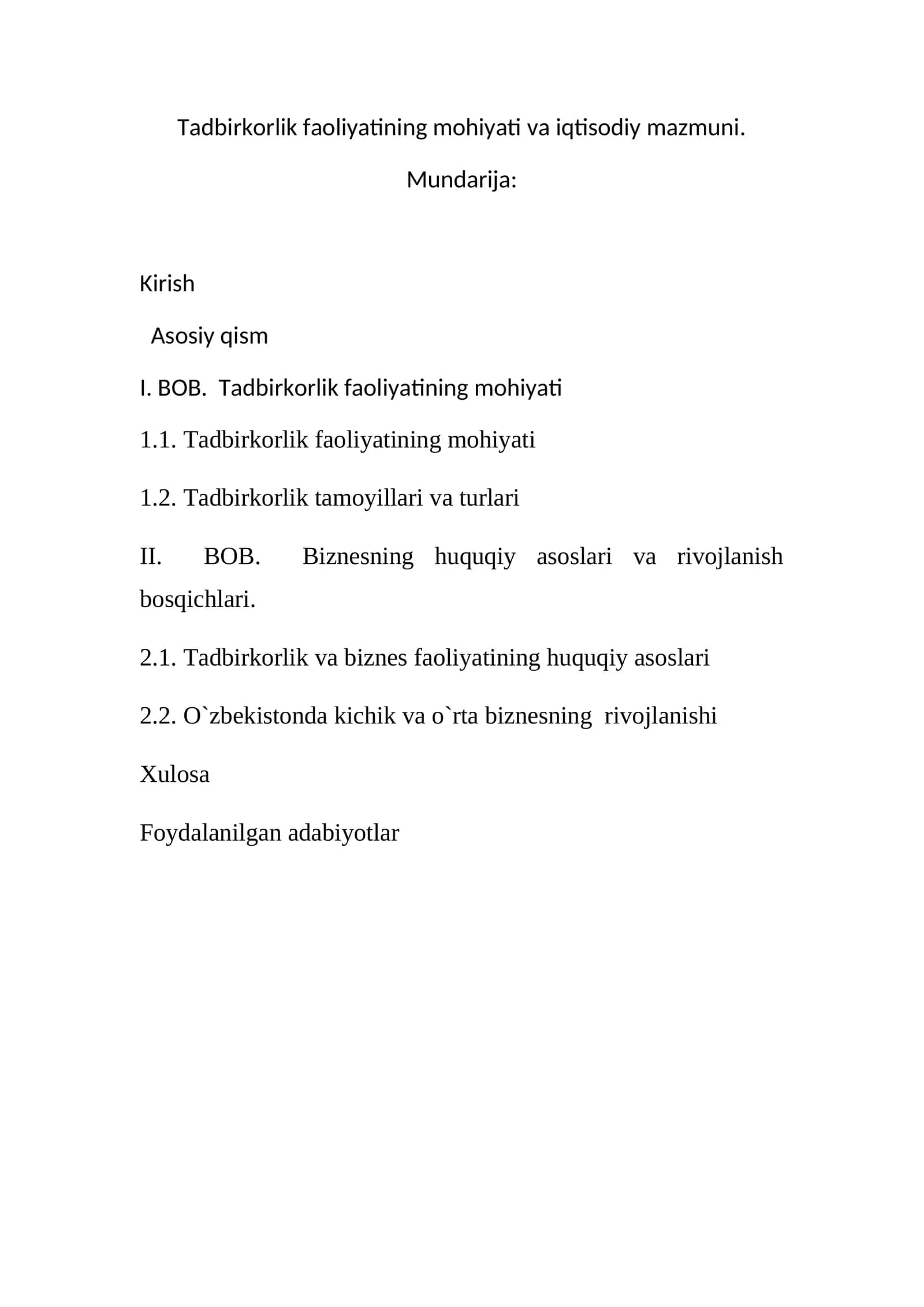 Tadbirkorlik faoliyatining mohiyati