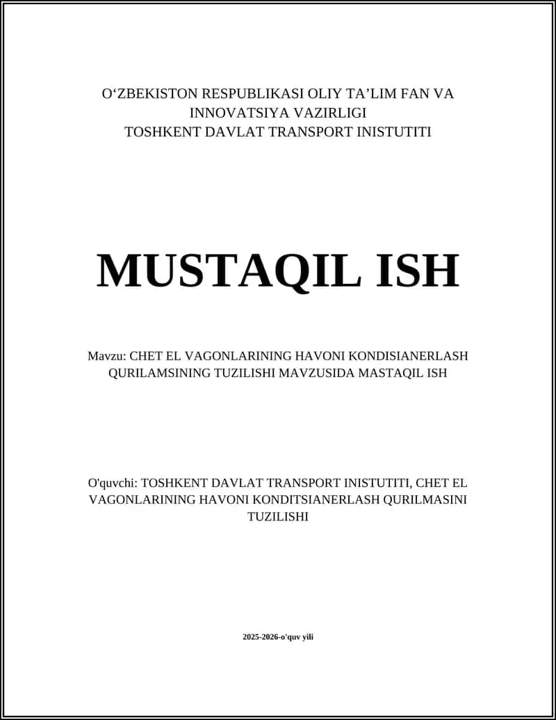 CHET EL VAGONLARINING HAVONI KONDISIANERLASH QURILMASI
