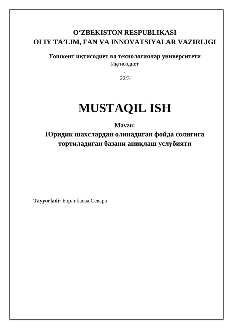 Korporativ daromad solig'i soliq bazasini aniqlash metodologiyasi
