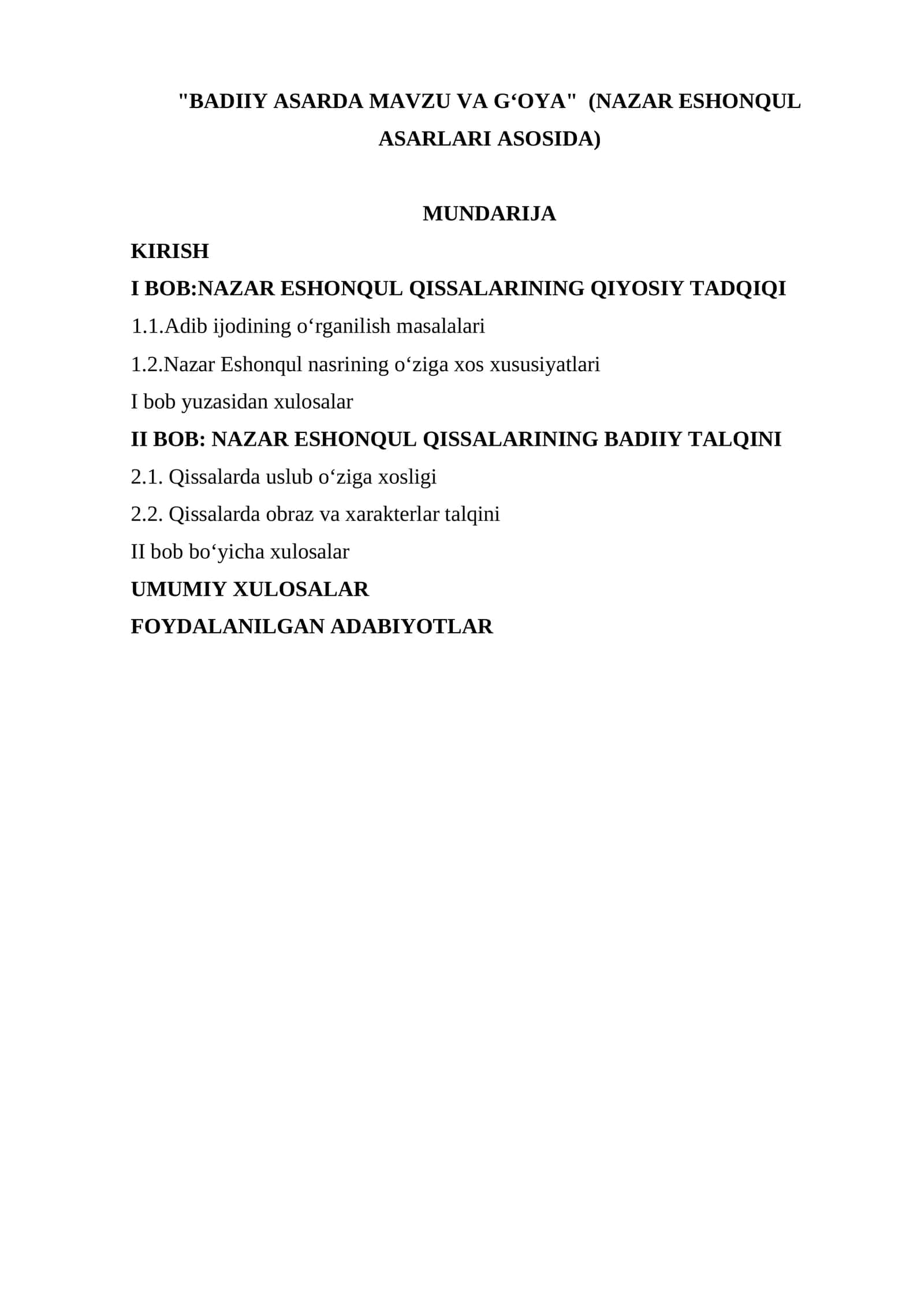 BADIIY ASARDA MAVZU VA G‘OYA NAZAR ESHONQUL ASARLARI ASOSIDA