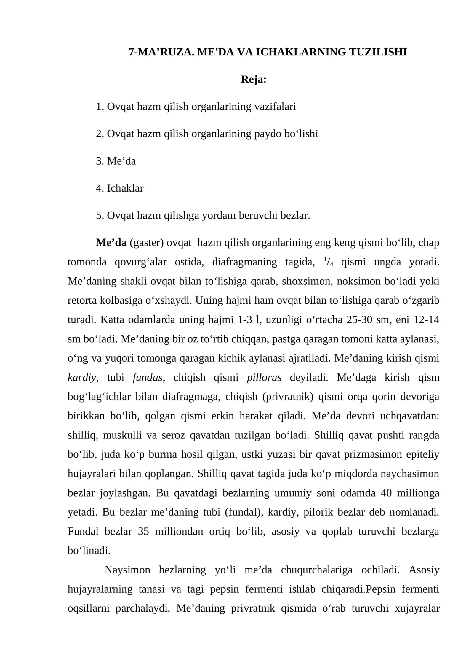 7-MA’RUZA. ME'DA VA ICHAKLARNING TUZILISHI