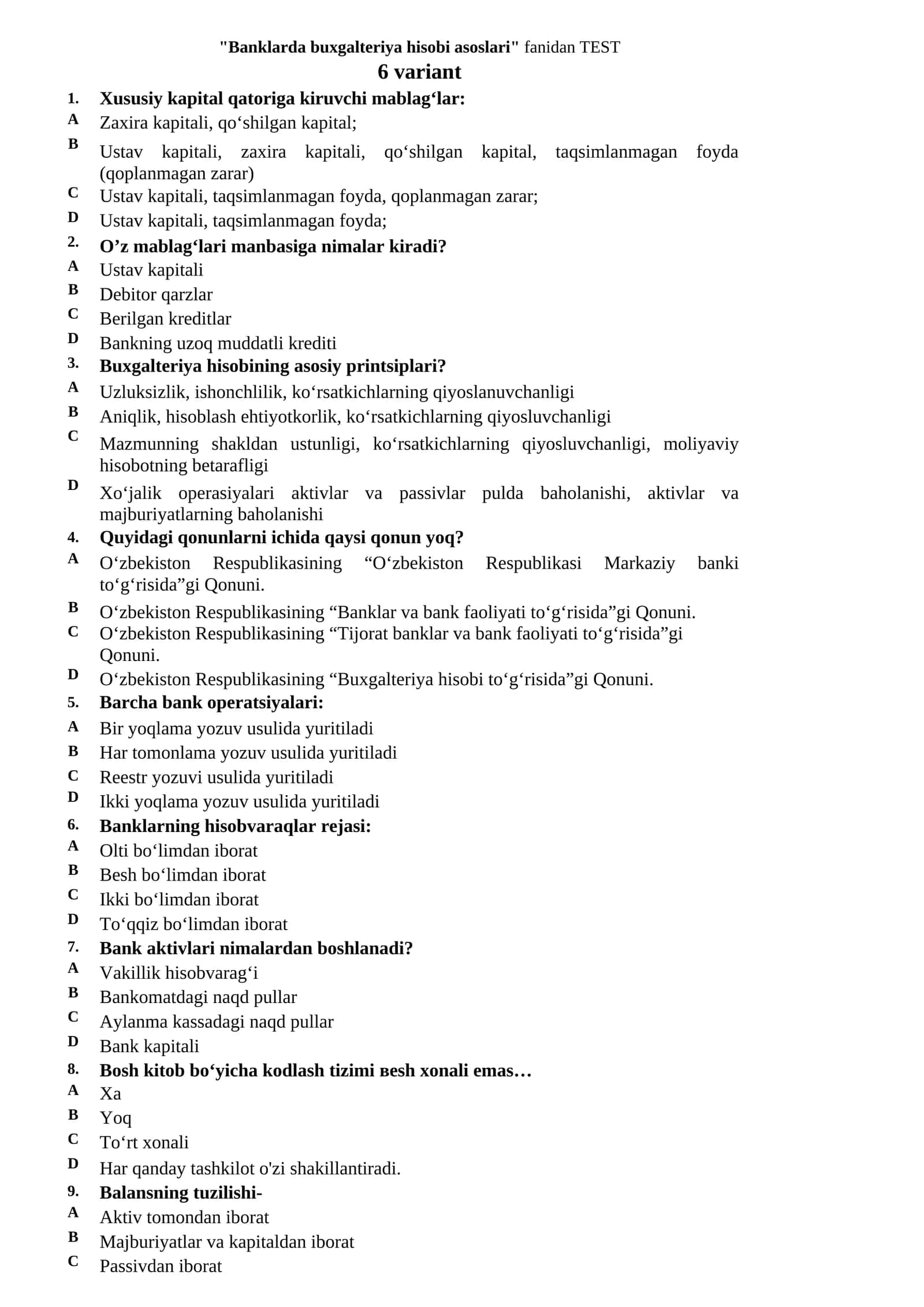 Banklarda buxgalteriya hisobi asoslari fanidan TEST