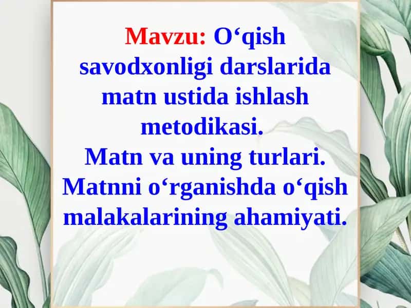 O‘qish savodxonligi darslarida matn ustida ishlash metodikasi. Matn va uning turlari. Matnni o‘rganishda o‘qish malakalarining ahamiyati