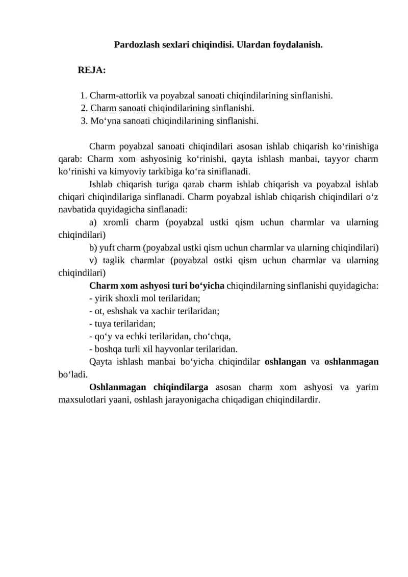 Charm-poyabzal chiqindilari sinflanishi