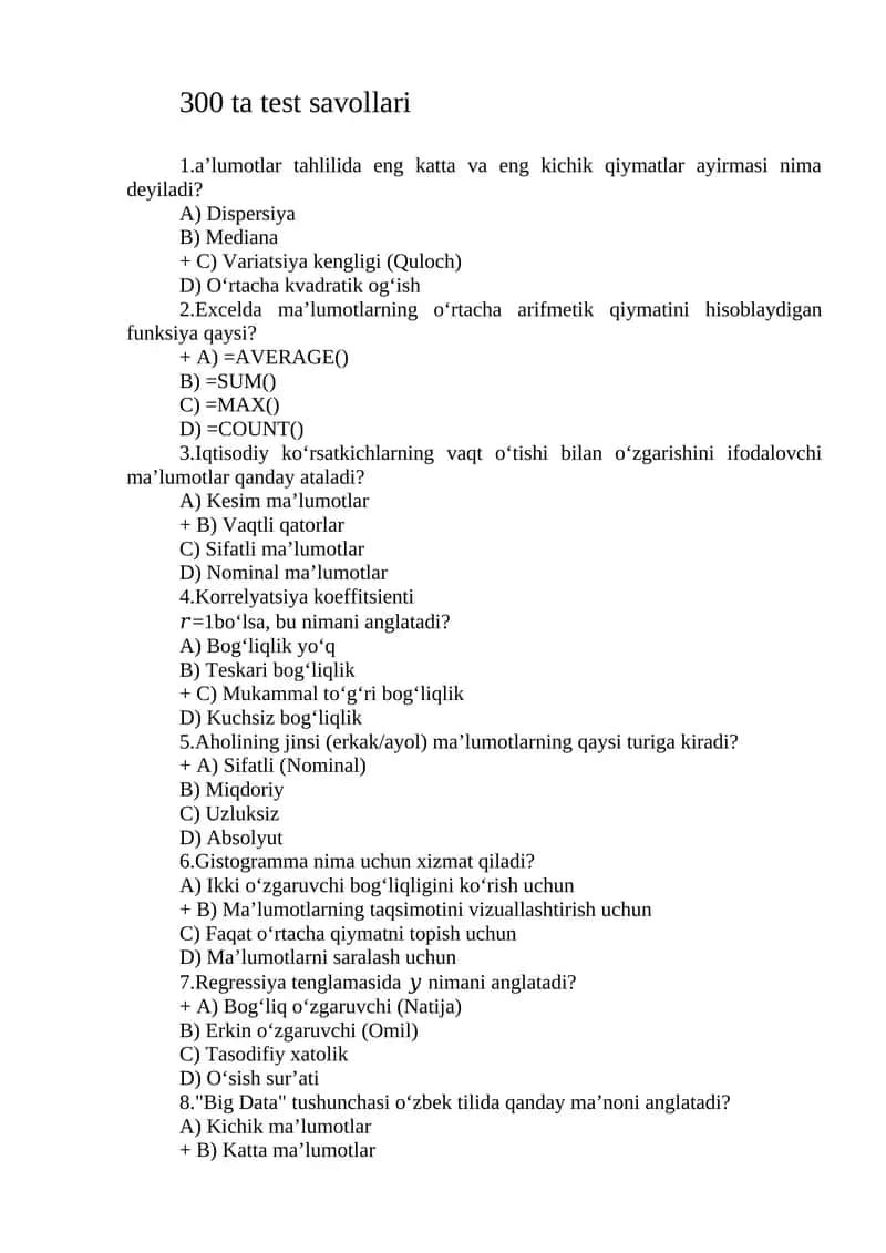 Iqtisodiyotda malumotlar tahlili 2026 test 300 ta