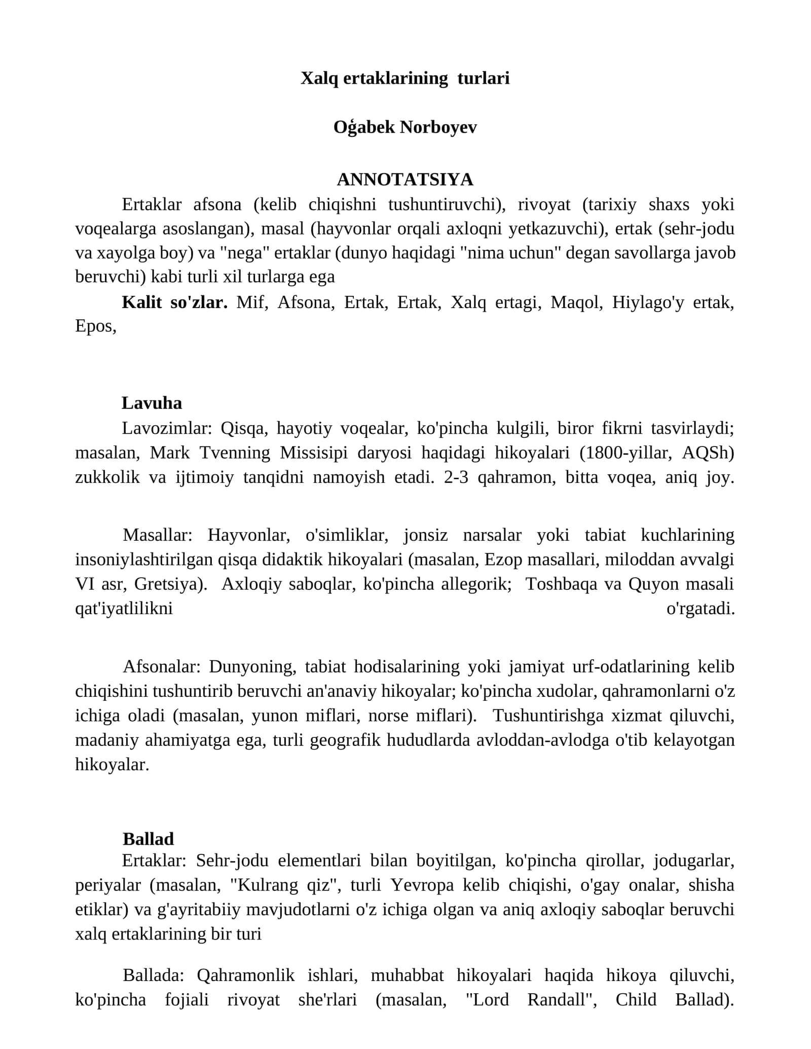 Xalq ertaklarining turlari