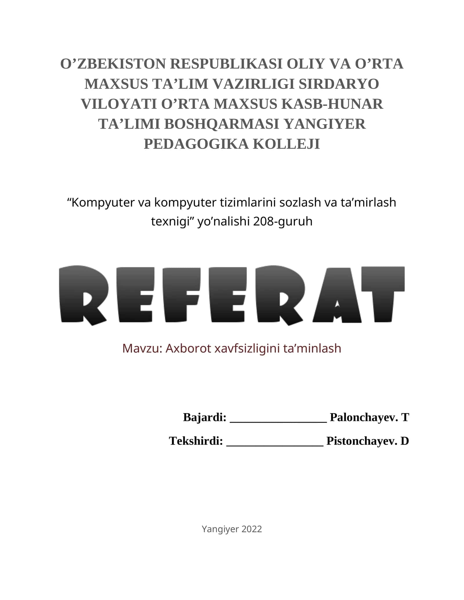 Kompyuter va kompyuter tizimlarini sozlash va ta’mirlash texnigi