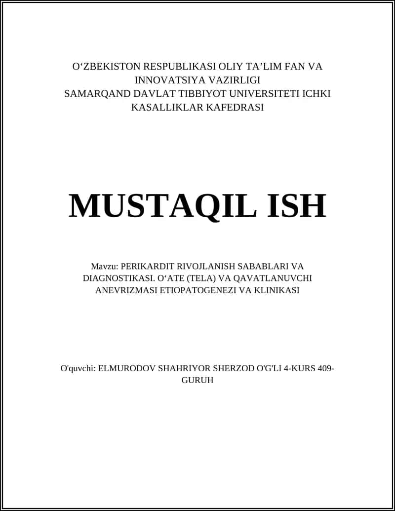 PERIKARDIT RIVOJLANISH SABABLARI VA DIAGNOSTIKASI