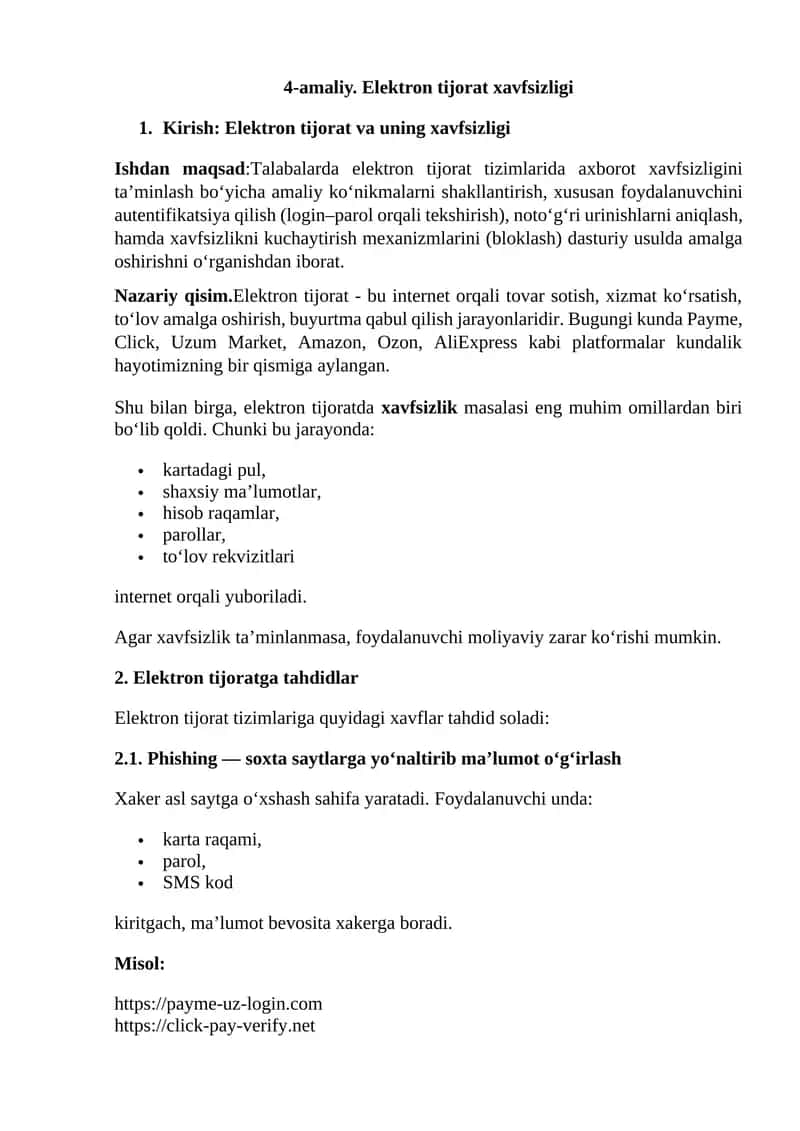 4-amaliy. Elektron tijorat xavfsizligi