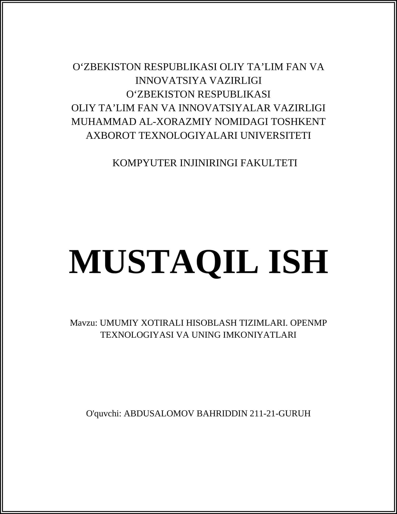 UMUMIY XOTIRALI HISOBLASH TIZIMLARI. OPENMP TEXNOLOGIYASI VA UNING IMKONIYATLARI