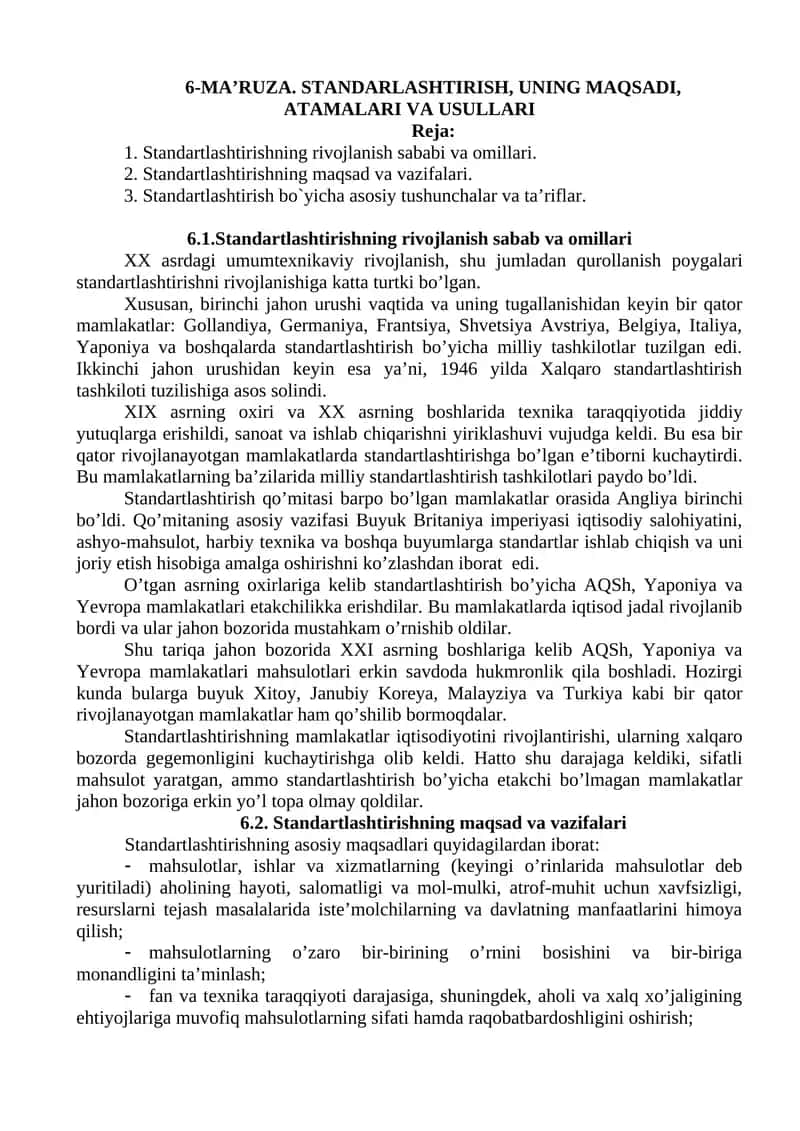 6-MA’RUZA. STANDARLASHTIRISH, UNING MAQSADI, ATAMALARI VA USULLARI