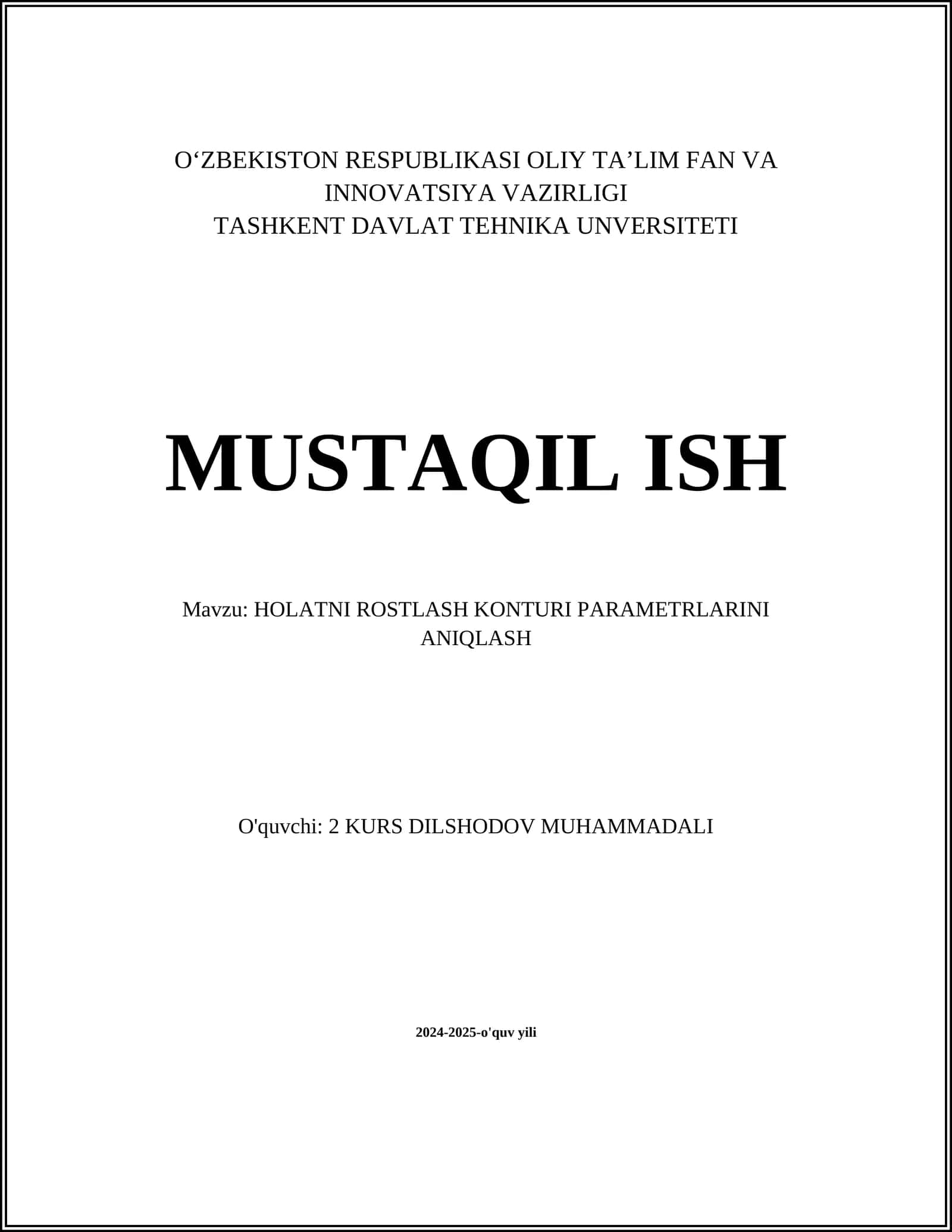 HOLATNI ROSTLASH KONTURI PARAMETRLARINI ANIQLASH