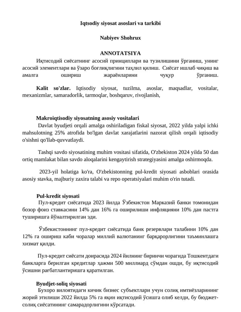 Iqtisodiy siyosat asoslari va tarkibi