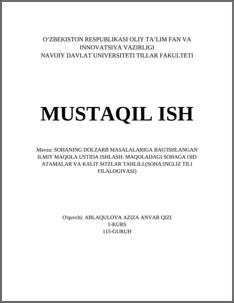 SOHANING DOLZARB MASALALARIGA BAG'ISHLANGAN ILMIY MAQOLA