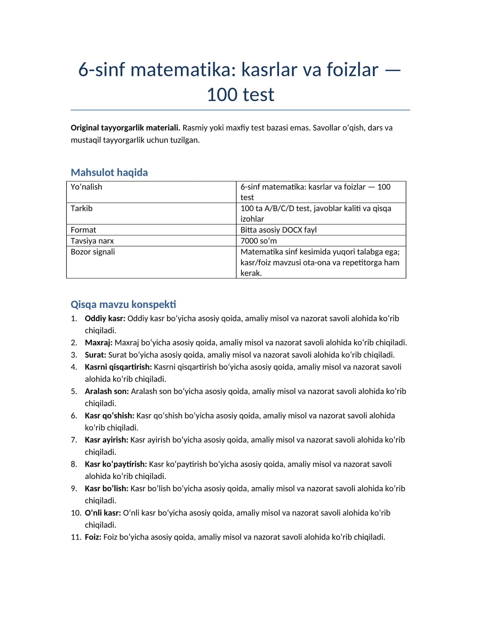 6-sinf matematika: kasrlar va foizlar — 100 test