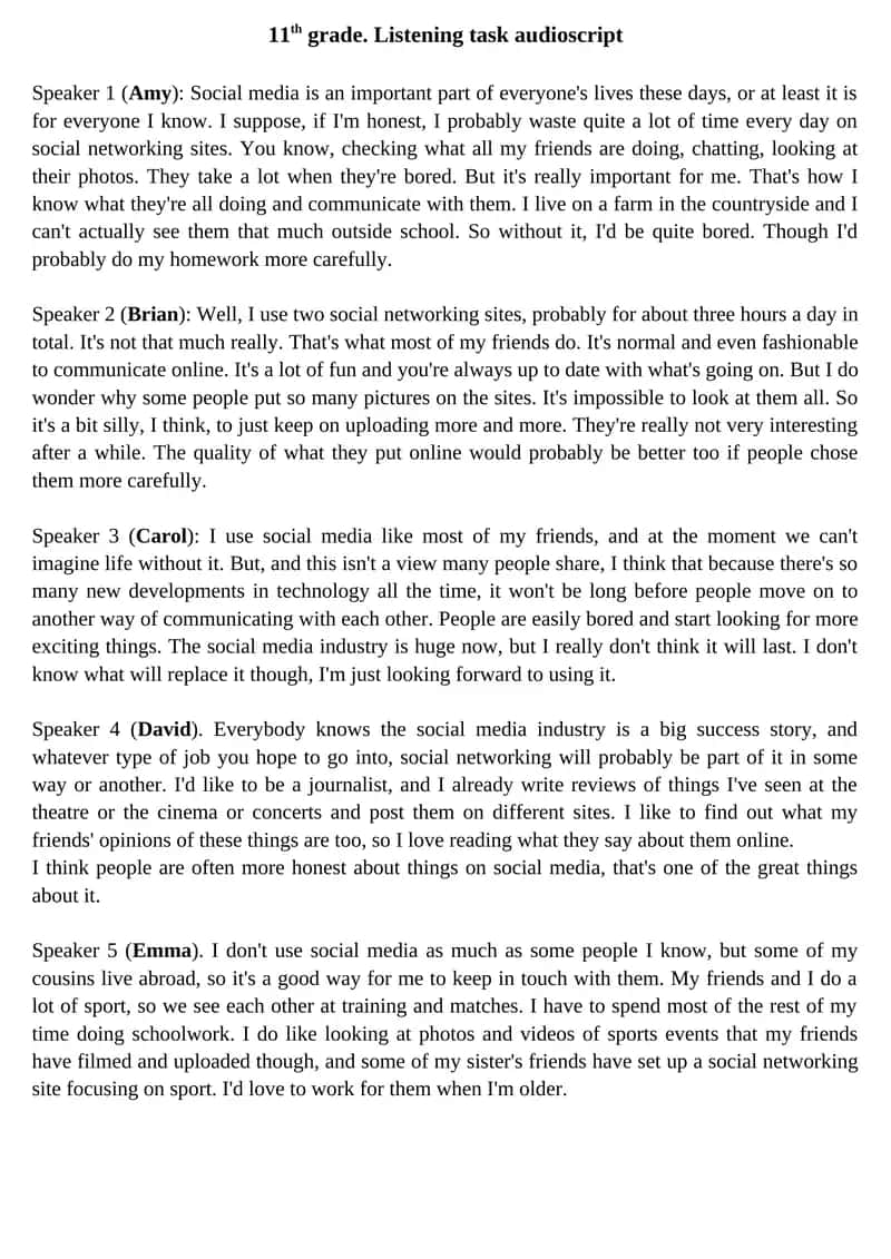 11th grade. Listening task audioscript