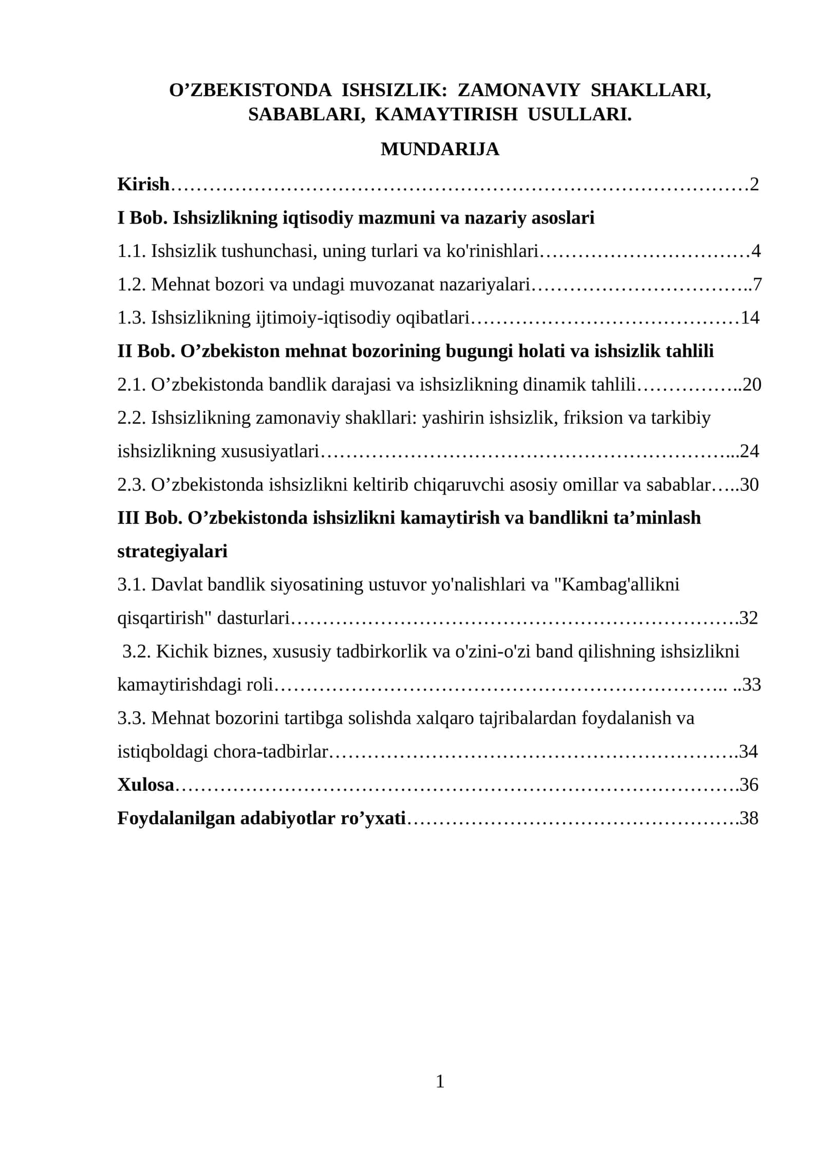 O’ZBEKISTONDA ISHSIZLIK: ZAMONAVIY SHAKLLARI, SABABLARI, KAMAYTIRISH USULLARI