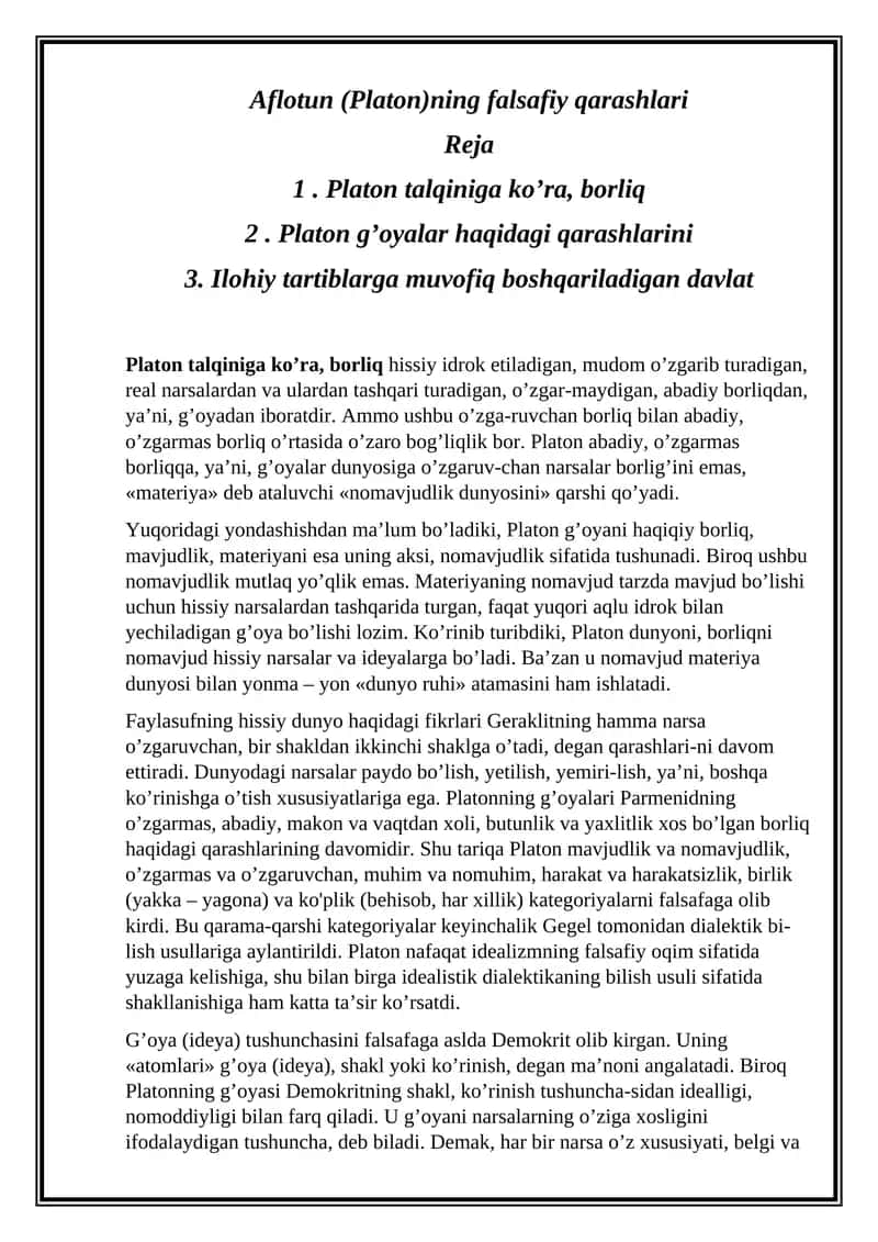 Aflotun (Platon)ning falsafiy qarashlari